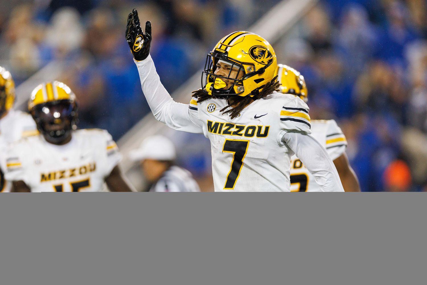 Missouri Tigers defensive back Kris Abrams-Draine (7) celebrates during the third quarter against the Kentucky Wildcats at Kroger Field.